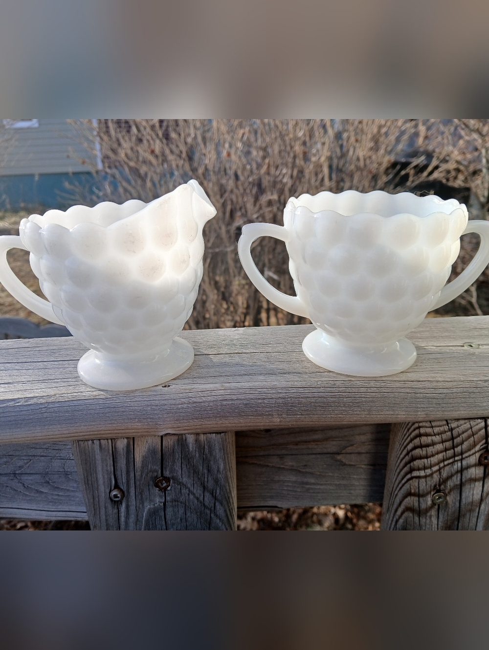Vintage Milk Glass Hobnail Creamer and Sugar Set - White